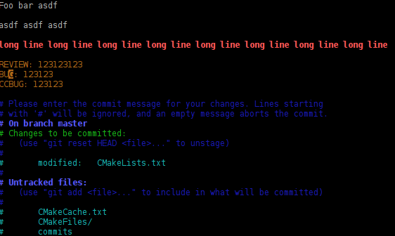 Screenshot of highlighted git commit message